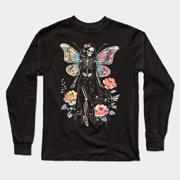 Goth Roses Butterfly Skeleton Fairy Long Sleeve T-Shirt by The Full Moon Shop